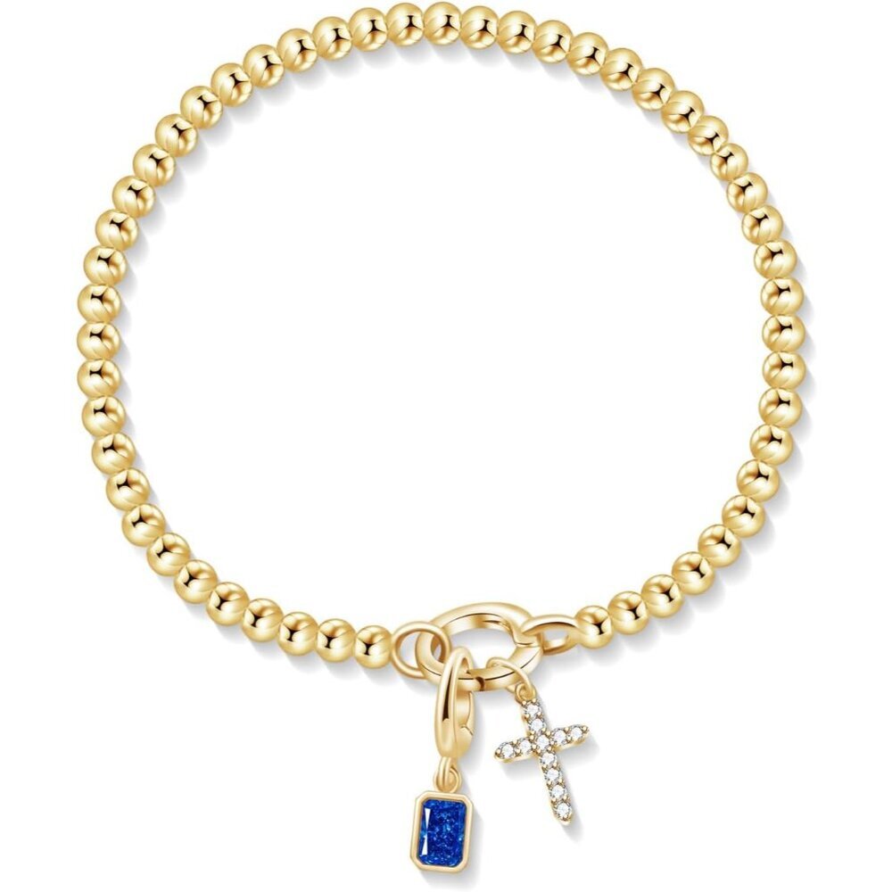 Dainty Gold Cross and Birthstone Bracelet - Adjustable Elastic Charm Jewelry